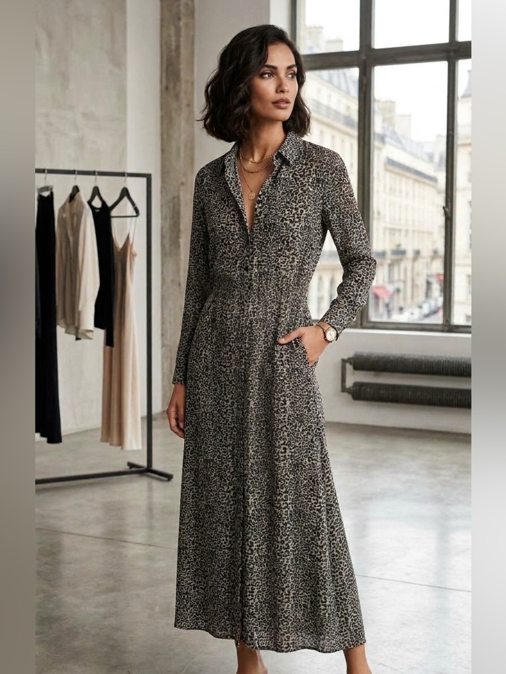 Mango Leopard-Print Maxi Shirt Dress - Black/Cream Size M